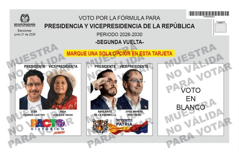 Tarjeta electoral de la segunda vuelta presidencial 2026